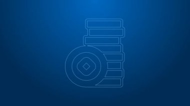 Beyaz çizgi Çin Yuan para birimi sembolü mavi arkaplanda izole edilmiş. Bozuk para. Bankacılık işareti. Para sembolü. 4K Video hareketli grafik canlandırması