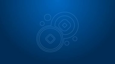 Beyaz çizgi Çin Yuan para birimi sembolü mavi arkaplanda izole edilmiş. Bozuk para. Bankacılık işareti. Para sembolü. 4K Video hareketli grafik canlandırması