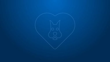 Mavi arka planda köpek ikonu olan beyaz çizgi kalp. Yüreğindeki evcil hayvan pençesi. Hayvanlara sevgiler. 4K Video hareketli grafik canlandırması