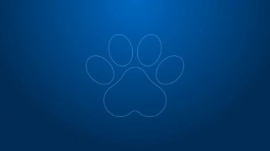 Mavi arkaplanda beyaz çizgi Paw yazdırma simgesi izole edildi. Köpek ya da kedi pençesi izi. Hayvan izleri. 4K Video hareketli grafik canlandırması