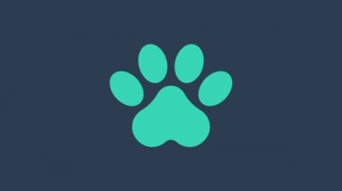 Turkuaz Paw yazdırma simgesi mavi arkaplanda izole edildi. Köpek ya da kedi pençesi izi. Hayvan izleri. 4K Video hareketli grafik canlandırması