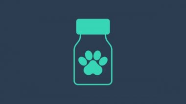 Turkuaz ilaç şişesi ve mavi arka planda izole edilmiş hap ikonu. İçinde haplar olan konteynır. Hayvan için reçeteli ilaç. 4K Video hareketli grafik canlandırması