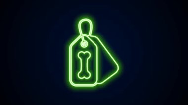 Siyah arka planda isim etiketi ve kemik plağı ikonu olan parlak neon çizgili köpek tasması. Evcil hayvan malzemeleri. Kedi köpek bakımı. Evcil köpek zincirleri. 4K Video hareketli grafik canlandırması
