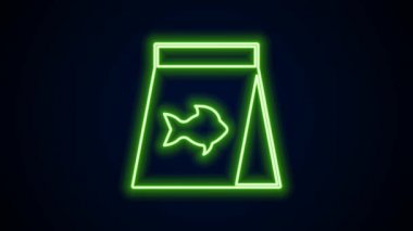 Parlayan neon hattı. Siyah zemin üzerinde izole edilmiş balık ikonu için yiyecek. 4K Video hareketli grafik canlandırması