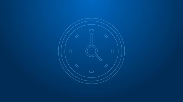 White line Clock icon isolated on blue background. Time symbol. 4K Video motion graphic animation — Stock Video