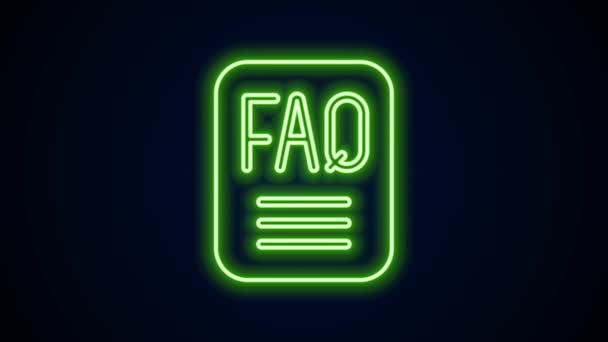 Linea neon luminosa Bolla vocale con testo FAQ icona informativa isolata su sfondo nero. Pulsante cerchio con testo FAQ. Animazione grafica 4K Video motion — Video Stock