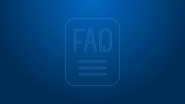 Línea blanca Burbuja de voz con texto FAQ icono de información aislado sobre fondo azul. Botón Círculo con texto FAQ. Animación gráfica de vídeo 4K — Vídeo de stock