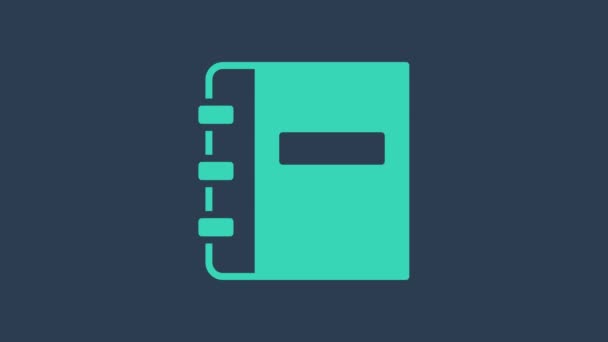 Tyrkysová ikona Notebooku izolovaná na modrém pozadí. Ikona spirálního bloku. Školní zápisník. Psací podložka. Deník do školy. Grafická animace pohybu videa 4K — Stock video