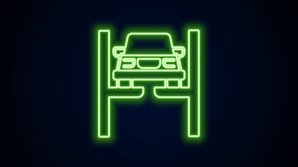 Glowing neon line Repair car on lift icon isolated on black background. Repair of the underbody, suspension, wheels and engine. 4K Video motion graphic animation — 图库视频影像