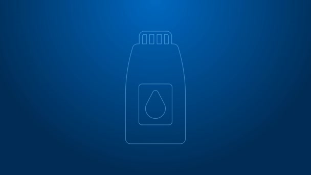 Línea blanca Bote para máquina de motor icono de aceite aislado sobre fondo azul. Un galón de aceite. Servicio de cambio de aceite y reparación. Animación gráfica de vídeo 4K — Vídeo de stock