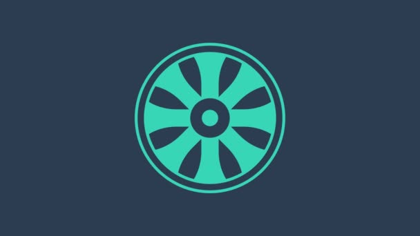 Turquoise Alloy wheel for car icon isolated on blue background. 4K Video motion graphic animation — Video Stock