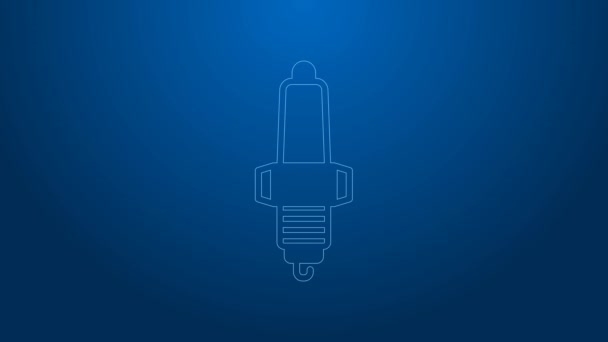 White line Car spark plug icon isolated on blue background. Car electric candle. 4K Video motion graphic animation — Stockvideo