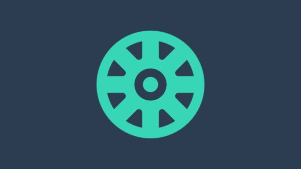 Turquoise Alloy wheel for car icon isolated on blue background. 4K Video motion graphic animation — Vídeo de Stock