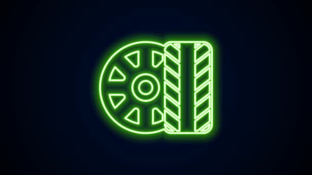 Ligne de néon lumineux Icône de roue de pneu de voiture isolé sur fond noir. Animation graphique de mouvement vidéo 4K — Video
