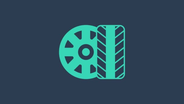 Turquoise Car tire wheel icon isolated on blue background. 4K Video motion graphic animation — Wideo stockowe