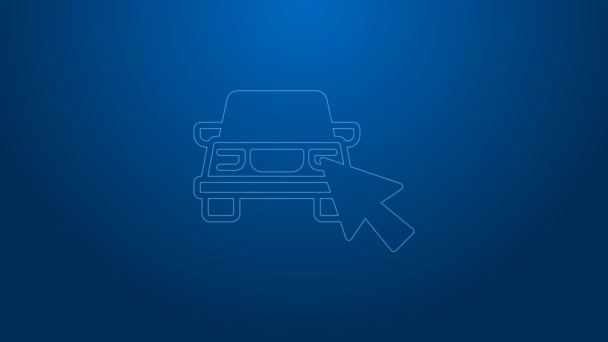 Λευκή γραμμή Online αυτοκίνητο κοινή χρήση εικονίδιο απομονώνονται σε μπλε φόντο. Online υπηρεσία ενοικίασης αυτοκινήτων. Online σχεδιασμός κρατήσεων για laptop. 4K Γραφική κίνηση κίνησης βίντεο — Αρχείο Βίντεο