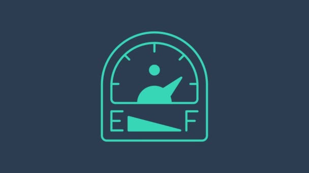 Turquoise Motor gas gauge icon isolated on blue background. Empty fuel meter. Full tank indication. 4K Video motion graphic animation — 图库视频影像