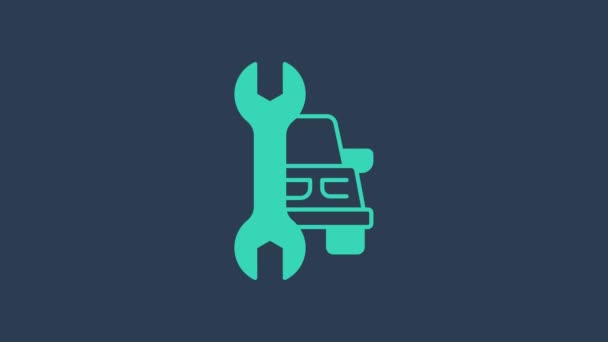 Turquoise Car service icon isolated on blue background. Auto mechanic service. Repair service auto mechanic. Maintenance sign. 4K Video motion graphic animation — ストック動画