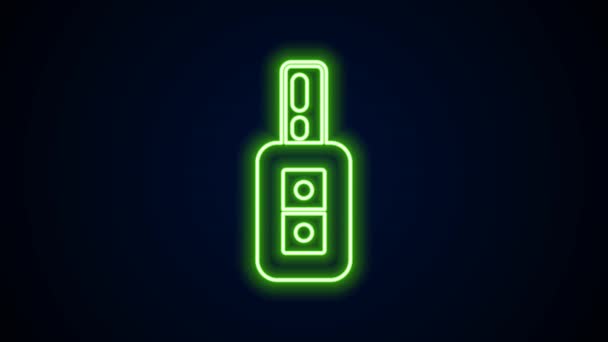 Glowing neon line Car key with remote icon isolated on black background. Car key and alarm system. 4K Video motion graphic animation — Stock Video