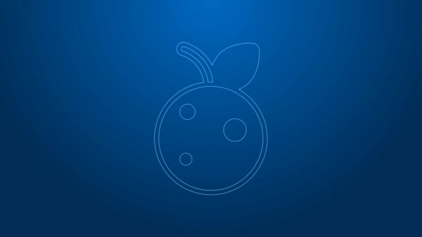 Ligne blanche Fruit de pêche ou nectarine avec icône de feuille isolée sur fond bleu. Animation graphique de mouvement vidéo 4K — Video