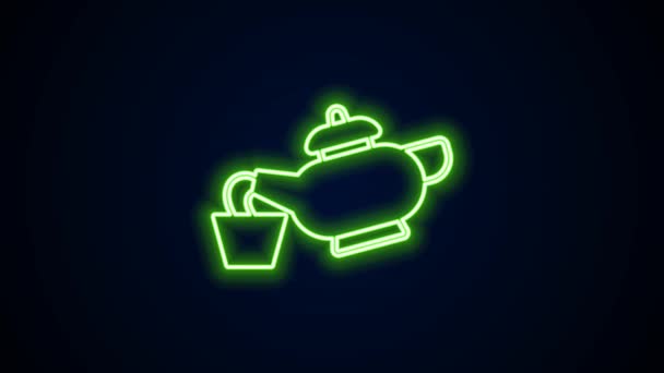 明亮的霓虹灯线传统的中国茶道图标被隔离在黑色的背景上。茶壶加杯子。4K视频运动图形动画 — 图库视频影像