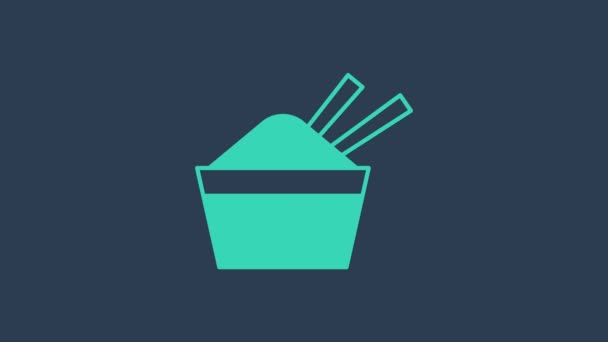 Бирюзовый рис в миске с иконкой палочки для еды изолирован на синем фоне. Традиционная азиатская кухня. Видеографическая анимация 4K — стоковое видео
