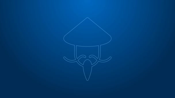 Línea blanca Asiático o chino icono sombrero de paja cónica aislado sobre fondo azul. Hombre chino. Animación gráfica de vídeo 4K — Vídeos de Stock