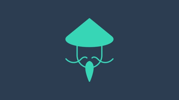 Chapeau de paille conique asiatique ou chinois turquoise isolé sur fond bleu. Un Chinois. Animation graphique de mouvement vidéo 4K — Video