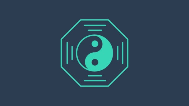 Turquoise Yin Yang σύμβολο της αρμονίας και της ισορροπίας εικονίδιο που απομονώνονται σε μπλε φόντο. 4K Γραφική κίνηση κίνησης βίντεο — Αρχείο Βίντεο
