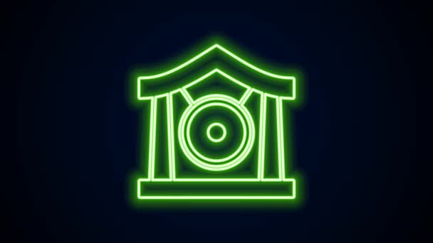 Glowing neon line Gong musical percussion instrument circular metal disc icon isolated on black background. 4K Video motion graphic animation — Stock Video