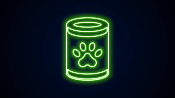 Parlayan neon hattı siyah arka planda izole edilmiş konserve yiyecek ikonu. Hayvanlar için yiyecek. Evcil hayvan yiyeceği kutusu. 4K Video hareketli grafik canlandırması — Stok video