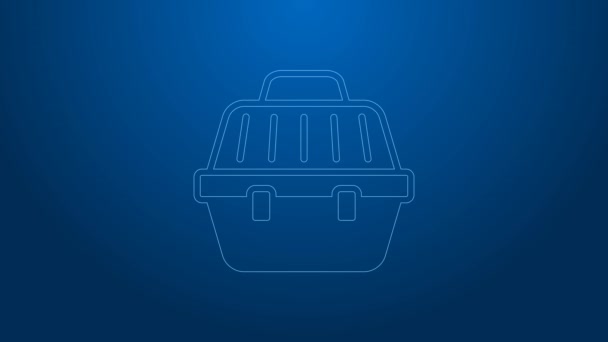 White line Pet carry case icon isolated on blue background. Carrier for animals, dog and cat. Container for animals. Animal transport box. 4K Video motion graphic animation — Wideo stockowe