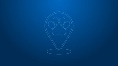 Mavi arka planda, veteriner tıp hastanesi, klinik ya da hayvan ikonu için evcil hayvan dükkanı olan beyaz çizgi haritası işaretçisi. Veteriner kliniği. 4K Video hareketli grafik canlandırması
