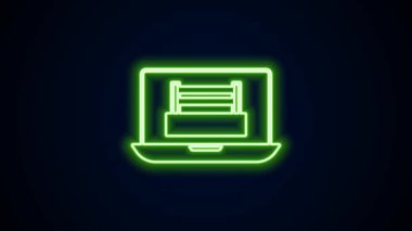 Siyah arkaplanda izole edilmiş dizüstü bilgisayar ikonunda parlayan neon çizgi boks ringi gösterisi. 4K Video hareketli grafik canlandırması