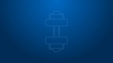 Beyaz çizgi Dumbbell simgesi mavi arkaplanda izole edildi. Kas kaldırma, fitness halteri, spor malzemeleri. 4K Video hareketli grafik canlandırması