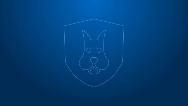 Λευκή γραμμή Εικονίδιο ασφάλισης υγείας των ζώων απομονώνονται σε μπλε φόντο. Έννοια προστασίας ζώων. Αποτυπώματα σκύλου ή γάτας. 4K Γραφική κίνηση κίνησης βίντεο — Αρχείο Βίντεο