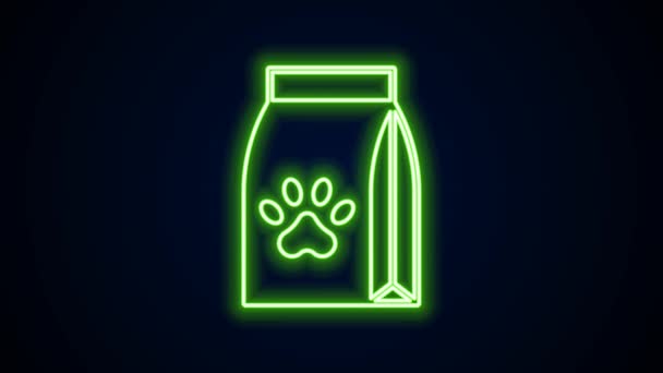 Brillante línea de neón Bolsa de comida para mascota icono aislado sobre fondo negro. Comida para animales. Signo de hueso de perro. Paquete de alimentos para mascotas. Animación gráfica de vídeo 4K — Vídeo de stock