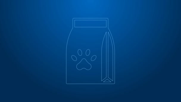 Línea blanca Bolsa de comida para mascota icono aislado sobre fondo azul. Comida para animales. Signo de hueso de perro. Paquete de alimentos para mascotas. Animación gráfica de vídeo 4K — Vídeo de stock