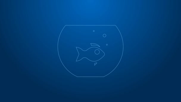 Línea blanca Acuario con icono de pescado aislado sobre fondo azul. Acuario de vidrio redondo. Acuario para el hogar y mascotas. Animación gráfica de vídeo 4K — Vídeos de Stock