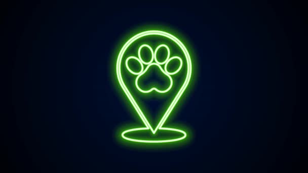 Glowing neon line Map pointer with veterinary medicine hospital, clinic or pet shop for animals icon isolated on black background. Veterinarian clinic. 4K Video motion graphic animation — Stock Video