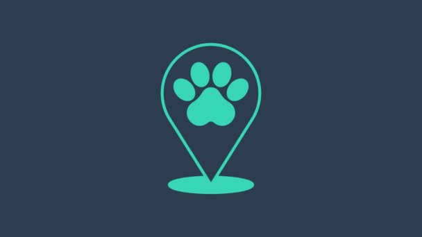 Turquoise Map pointer with veterinary medicine hospital, clinic or pet shop for animals icon isolated on blue background. Veterinarian clinic. 4K Video motion graphic animation — стоковое видео