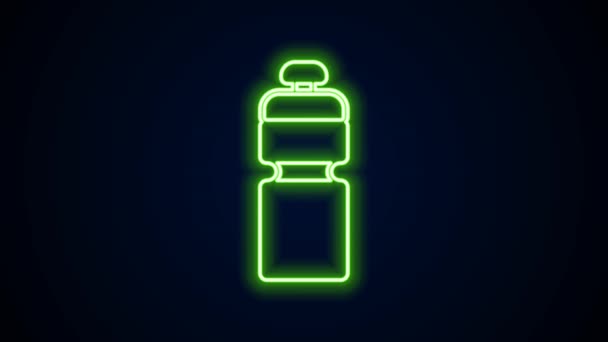 Glowing neon line Fitness shaker icon isolated on black background. Sports shaker bottle with lid for water and protein cocktails. 4K Video motion graphic animation — Stock Video