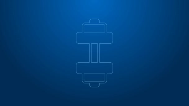 Icono de Dumbbell de línea blanca aislado sobre fondo azul. Levantamiento muscular, barra de fitness, equipo deportivo. Animación gráfica de vídeo 4K — Vídeos de Stock
