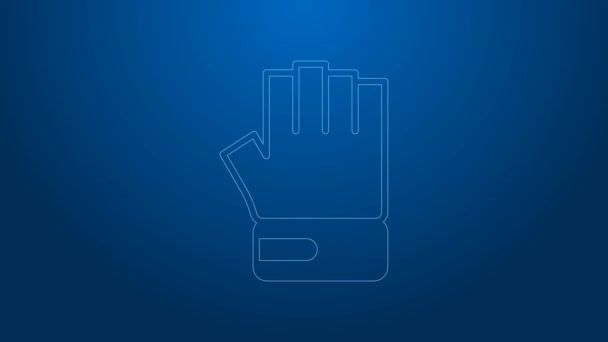 White line MMA glove icon isolated on blue background. Sports accessory fighters. Warrior gloves. 4K Video motion graphic animation — Vídeos de Stock