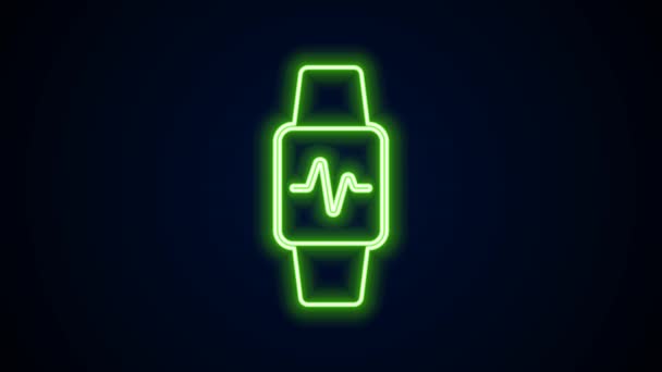 Светящаяся неоновая линия Умные часы, показывающие значок биения сердца изолированы на черном фоне. Концепция приложения. Видеографическая анимация 4K — стоковое видео