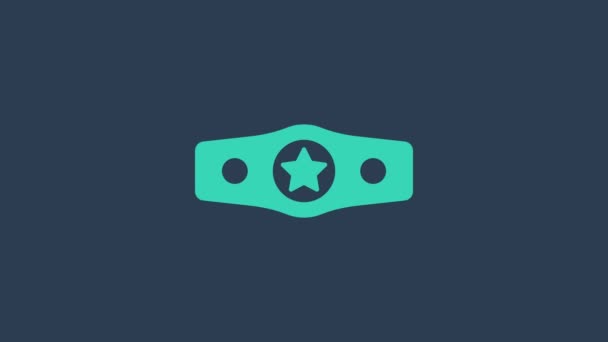 Turquoise Boxing belt icon isolated on blue background. Belt boxing sport championship winner fight award. 4K Video motion graphic animation — Vídeos de Stock