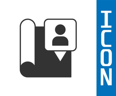 Beyaz arkaplanda konum belirleyici simgesi olan gri katlı harita. Vektör