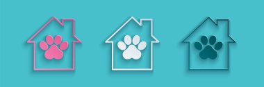 Kağıt kesiği Pet House simgesi mavi arkaplanda izole edilmiş. Kağıt sanatı tarzı. Vektör