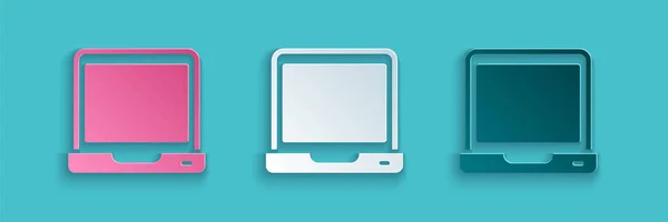 Papiergeschnittenes Laptop-Symbol isoliert auf blauem Hintergrund. Computer-Notizbuch mit leerem Bildschirm. Papierkunst. Vektor — Stockvektor