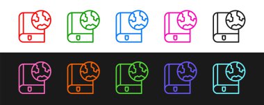 Siyah ve beyaz arka planda izole edilmiş çizgi Dünya küresi ve kitap ikonu. Dünya ya da Dünya işareti. Küresel internet sembolü. Geometrik şekiller. Vektör